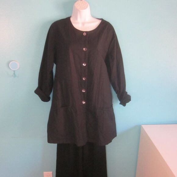 Gudrun Sjoden Womens Size L Black Cotton Button Front Coat Tie Jacket 32" Tall - Picture 8 of 9